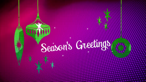 Animation-of-seasons-greetings-text-and-christmas-tree-decorations-over-purple-background