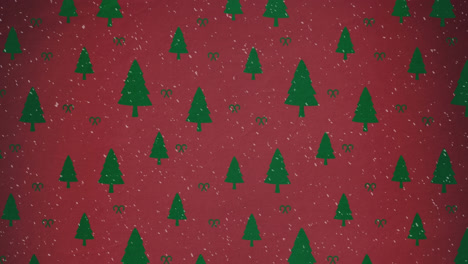 Animation-of-snow-falling-over-green-fir-trees-on-red-background