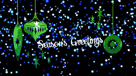 Animation-of-seasons-greetings-text,-christmas-tree-decorations-over-light-spots-on-black-background
