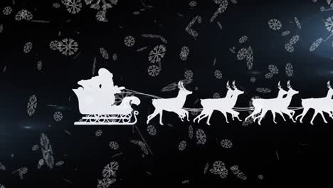 Animation-of-white-santa-sleigh-and-reindeer,-with-falling-snowflakes-on-black-background