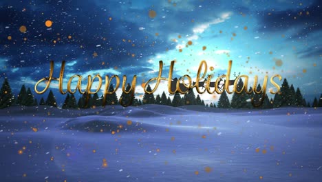 Animation-of-snow-falling,-happy-holidays-text,-sledge-and-raindeer-over-winter-landscape