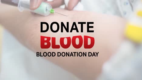 Animación-Del-Texto-Del-Día-De-Donación-De-Sangre-Sobre-Un-Médico-Que-Toma-Una-Muestra-De-Sangre