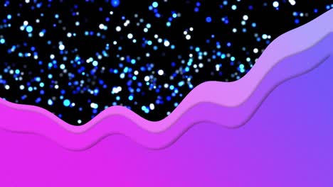 Animation-Von-Violetten-Wellen-über-Blauen-Und-Weißen-Lichtflecken,-Die-Auf-Schwarzem-Hintergrund-Aufsteigen