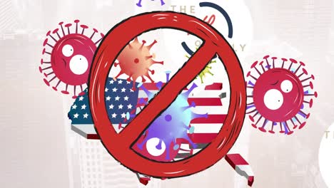 Animation-of-prohibition-sign-and-covid-19-virus-cells-over-usa-map-coloured-in-american-flag