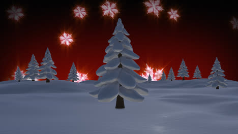 Animación-De-Nieve-Cayendo-Sobre-árboles-Sobre-Fondo-Rojo