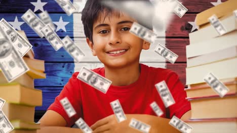 Animation-of-schoolboy-smiling-and-banknotes-over-american-flag