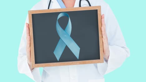Animation-of-doctor-holding-blackboard-with-blue-ribbon-over-blue-background