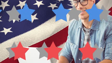 Animation-of-man-smiling-and-stars-over-american-flag