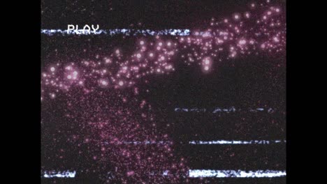 Animation-of-playback-screen-with-interference-over-pink-firework-on-black-background