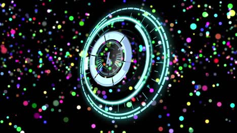 Animation-Eines-Kreisförmigen-Scanners-Mit-Countdown-über-Mehrfarbigen-Lichtpunkten,-Die-Auf-Schwarz-Aufsteigen