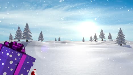 Animation-Des-Weihnachtsmanns,-Der-Ein-Riesiges-Weihnachtsgeschenk-Trägt-Und-In-Der-Winterlandschaft-Schnee-Fällt