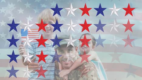 Animación-De-Soldado-Con-Niños-Sobre-Bandera-Americana.