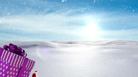 Animation-of-santa-claus-carrying-huge-christmas-gift-and-snow-falling-in-winter-landscape