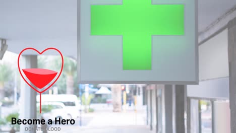 Animation-of-become-a-hero-donate-blood-text-over-cross-sing
