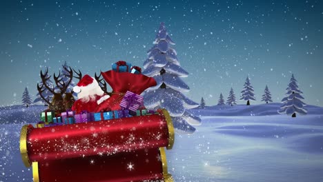 Animation-of-santa-claus-in-sleigh-with-christmas-gifts-and-snow-falling-in-winter-landscape