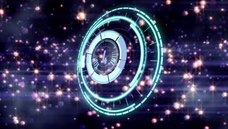 Animation-Eines-Rotierenden-Kreisförmigen-Scanners-Mit-Countdown,-über-Leuchtend-Rosa-Sternen,-Die-Auf-Schwarz-Aufgehen