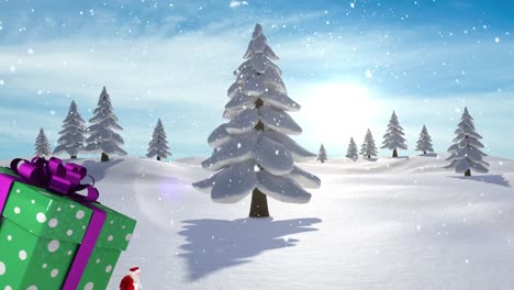 Animation-Des-Weihnachtsmanns,-Der-Ein-Riesiges-Weihnachtsgeschenk-Trägt-Und-In-Der-Winterlandschaft-Schnee-Fällt