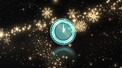 Animation-Der-Uhr,-Mit-Weißem-Feuerwerk-Und-Leuchtenden-Sternen-Auf-Schwarzem-Hintergrund