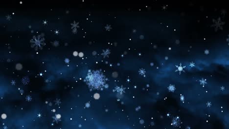 Animation-of-white-light-spots-and-snowflakes-floating-on-night-sky-background