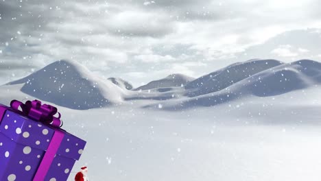 Animation-of-santa-claus-carrying-huge-christmas-gift-and-snow-falling-in-winter-landscape