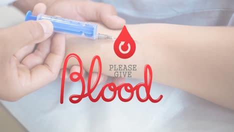 Animation-of-please-give-blood-text-over-doctor-taking-blood-sample