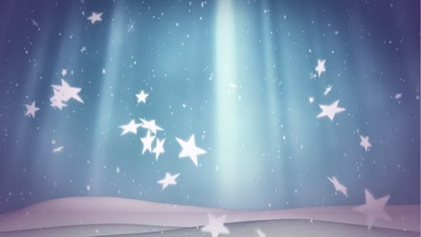 Animation-Von-Lichtspuren,-Schnee-Und-Sternen,-Die-Auf-Blauen-Hintergrund-Fallen