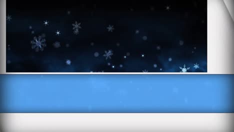 Animation-Von-Blauen-Und-Weißen-Feldern,-Die-Sich-über-Schneeflocken-öffnen,-Die-Auf-Schwarzen-Hintergrund-Fallen