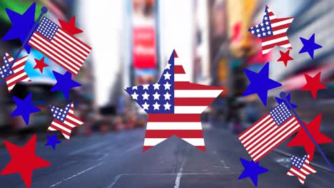 Animación-De-Estrellas-Coloreadas-En-La-Bandera-Americana-Sobre-El-Paisaje-Urbano.