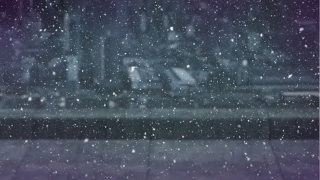 Animation-Von-Lichtspuren-Und-Schnee,-Der-über-Das-Stadtbild-Fällt