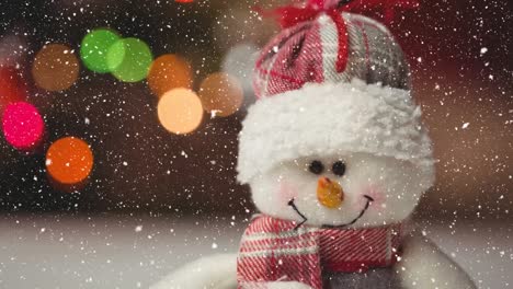 Animation-of-snow-falling-over-close-up-of-snowman