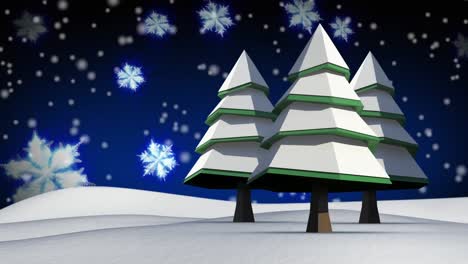 Animation-Von-Schnee,-Der-über-Bäume-Auf-Blauem-Hintergrund-Fällt