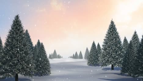 Animation-of-falling-snow-over-trees-on-blue-background