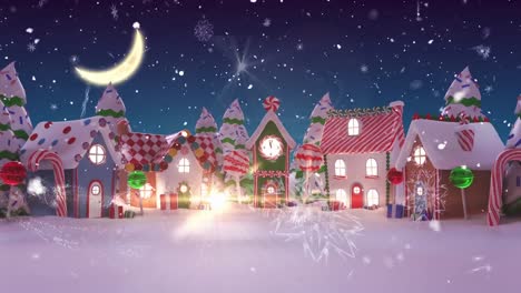 Animation-Von-Schnee,-Der-über-Eine-Winterlandschaft-Mit-Häusern-Und-Mond-Fällt