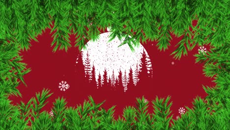Animation-Von-Schnee,-Der-über-Rote-Weihnachtskugeln-Und-Tannenbaumdekorationen-Fällt