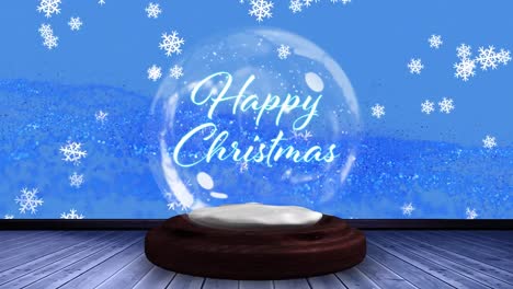 Animation-of-christmas-season's-greetings-text-in-snow-globe-and-snow-falling-on-blue-background
