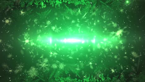 Animation-of-snow-falling-and-glowing-lights-on-green-background