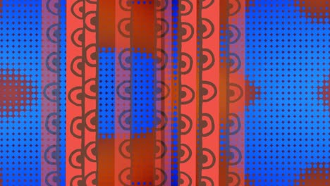 Animation-of-orange-patterned-strips-over-grid-of-blue-pixels-changing-size-on-orange-background
