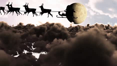 Animación-De-Santa-Claus-En-Trineo-Con-Renos-Sobre-Nubes-Y-Luna