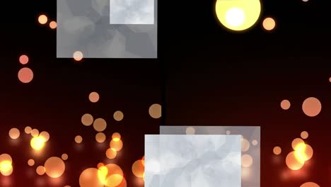 Animation-of-split-screen-with-grey-squares-and-falling-orange-and-yellow-spots-of-light,-on-black
