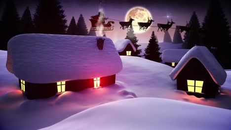 Animation-of-santa-claus-in-sleigh-with-reindeer-over-winter-scenery-and-moon