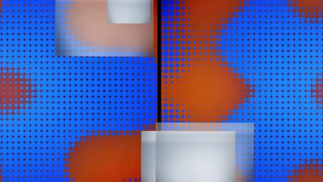 Animation-of-split-screen-with-grey-squares-and-blue-pixels-changing-size-on-orange-background
