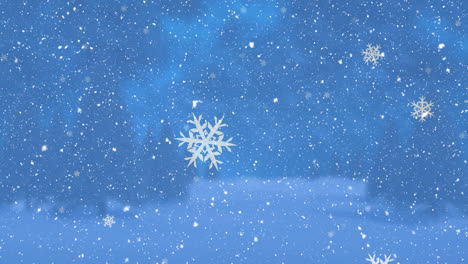 Animation-Von-Schnee,-Der-über-Den-Hintergrund-Der-Winterlichen-Tannenlandschaft-Fällt