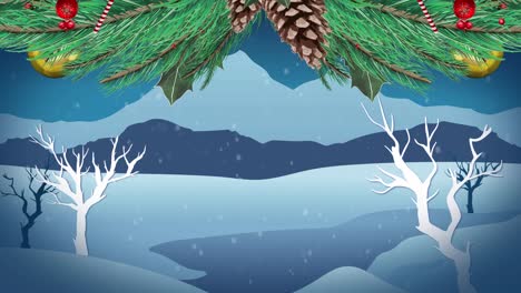 Animation-Von-Schnee,-Der-über-Die-Weihnachtsdekoration-Fällt,-Und-Mit-Blick-Auf-Den-Winter