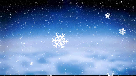 Animation-Von-Schnee,-Der-über-Wolken-Und-Blauen-Himmel-Fällt