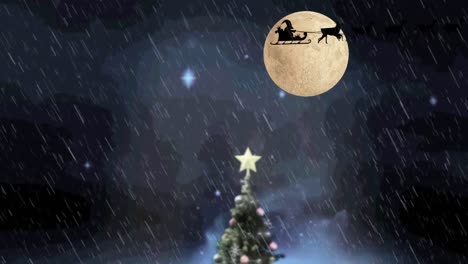 Animation-of-santa-claus-in-sleigh-with-reindeer-over-christmas-tree-and-moon