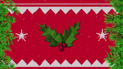 Animation-of-snow-falling-over-christmas-decoration-with-holly