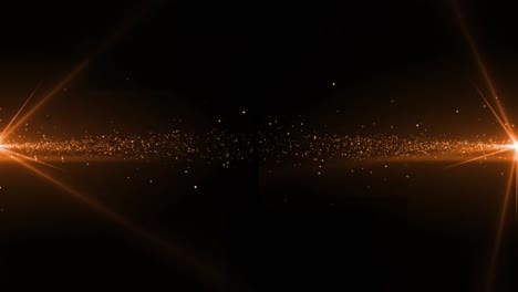 Animation-of-glowing-orange-particles-of-light-moving-to-centre-from-left-and-right,-on-black