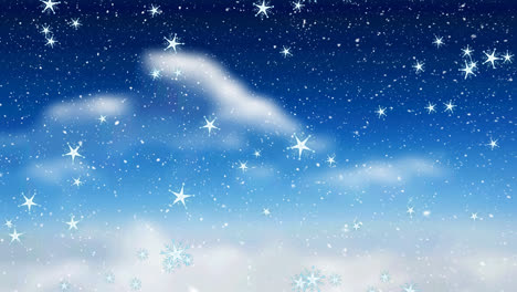 Animation-of-snow-falling-over-clouds-and-blue-sky