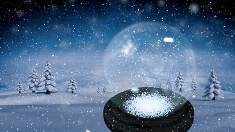 Animation-of-snow-falling-over-snow-globe-on-blue-background