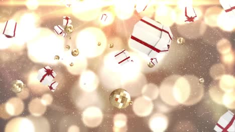 Animation-of-snow-falling-over-christmas-baubles-and-presents-decoration